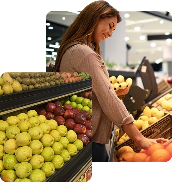 Uma mulher sorridente inspeciona opções de frutas frescas no corredor de um supermercado, mostrando o sucesso do resultado final da gestão e acessoria proporcionada pela Vital FLV, demostrando a experiência da Vita FLV no setor de Trade Marketing para FLV.