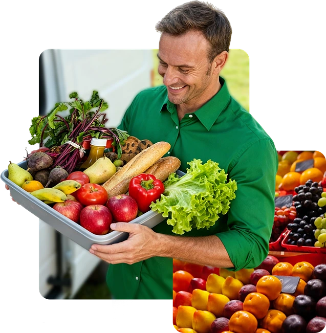 Um homem sorridente de uniforme verde ao ar livre segura uma caixa cheia de legumes, verduras e frutas frescas de vários tipos, exibindo uma expressão alegre. Isso mostra o ambiente de trabalho sobre gerência da Vital FLV, organizado e bem composto, demostrando a experiência da Vita FLV no setor de Trade Marketing para FLV.